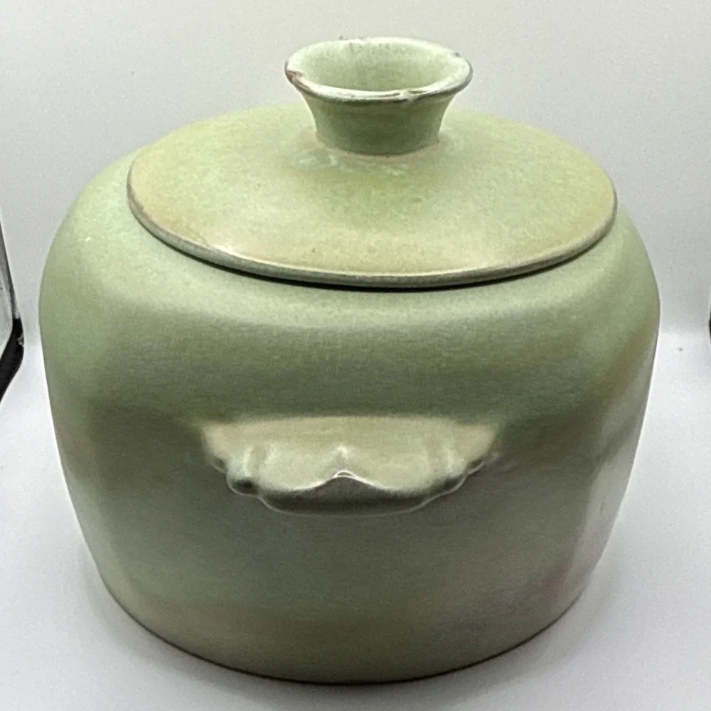 Frankoma Green Round Pottery Casserole Dish w/ Lid & Handles Marked S W
